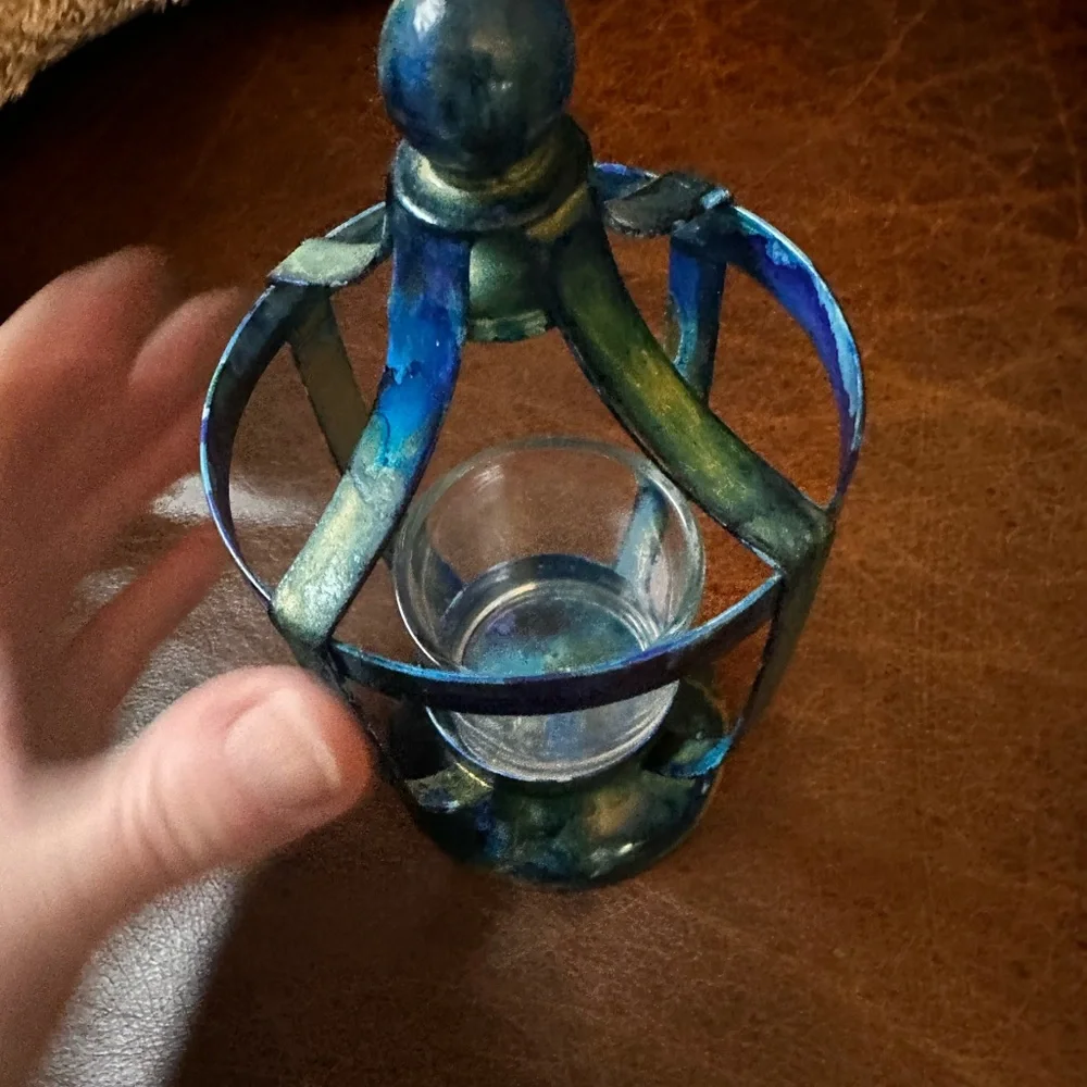 Handcrafted blue metal lantern votive holder with glass cup decorative accent